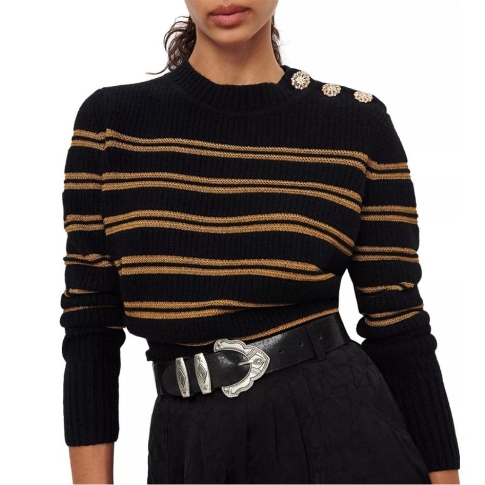 ba&sh Black and Gold Crew Neck Striped Sweater